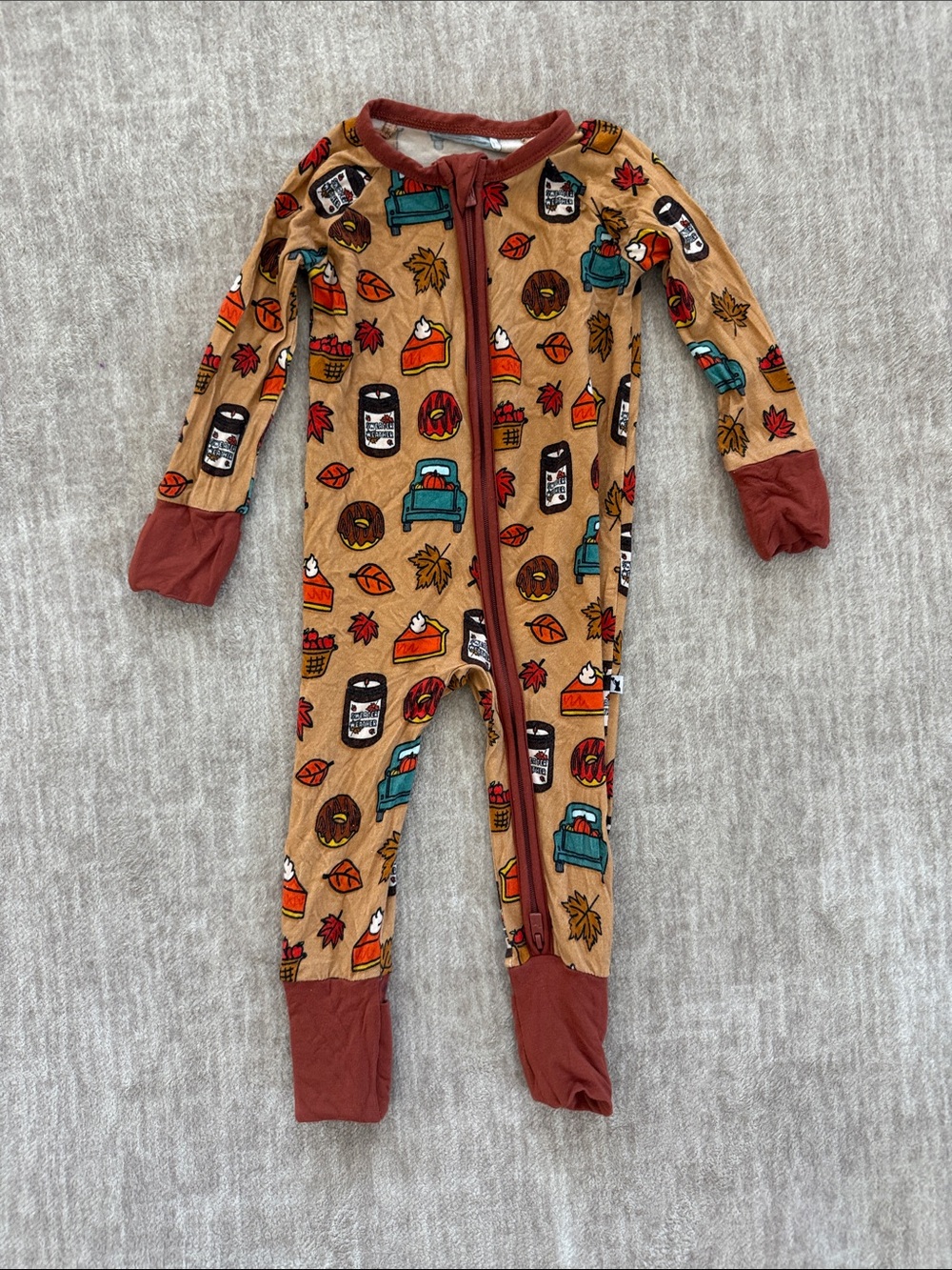 Kids Autumn Leaf Print Footed One-Piece Pajama - Brown